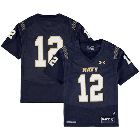 #12 Navy Midshipmen Under Armour Youth Replica Performance Football Jersey – Navy 2019