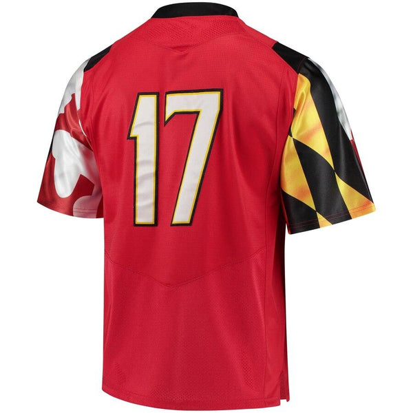 #17 Maryland Terrapins Under Armour Premier Performance Football Jersey – Red 2019