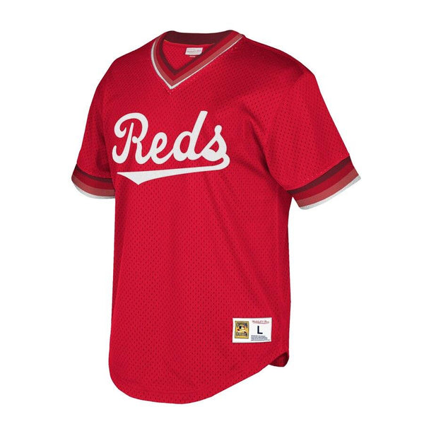 Cincinnati Reds Mitchell &amp; Ness Cooperstown Collection Mesh Wordmark V-Neck Jersey – Red 2019