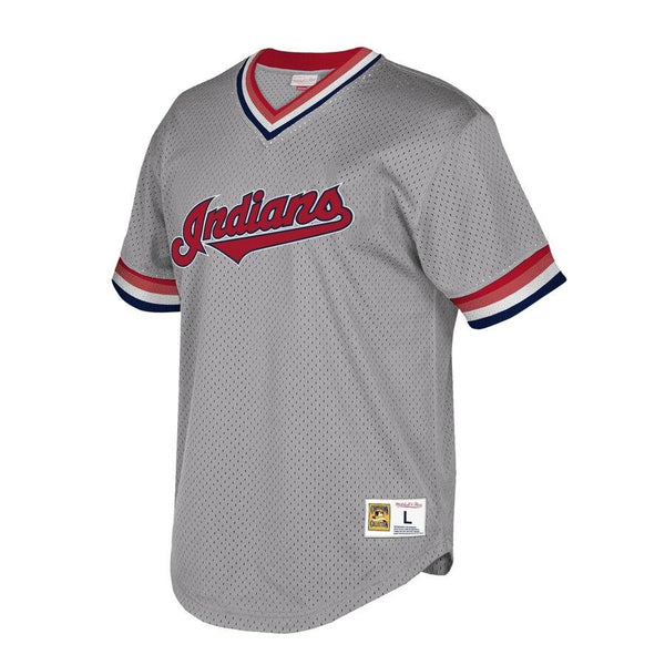 Cleveland Indians Mitchell &amp; Ness Cooperstown Collection Mesh Wordmark V-Neck Jersey – Gray 2019
