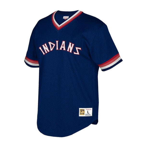 Cleveland Indians Mitchell &amp; Ness Cooperstown Collection Mesh Wordmark V-Neck Jersey – Navy 2019
