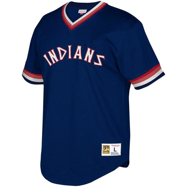Cleveland Indians Mitchell &amp; Ness Youth Cooperstown Collection Mesh Wordmark V-Neck Jersey – Navy 2019