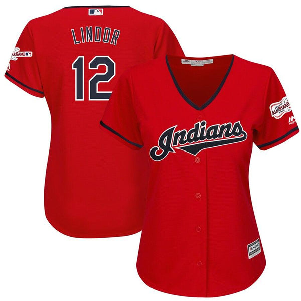 Francisco Lindor Cleveland Indians Majestic Women's Alternate 2019 All-Star Game Patch Cool Base Player Jersey – Scarlet 2019