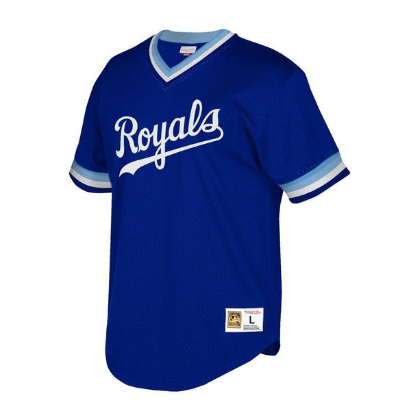 Kansas City Royals Mitchell &amp; Ness Cooperstown Collection Mesh Wordmark V-Neck Jersey – Royal 2019