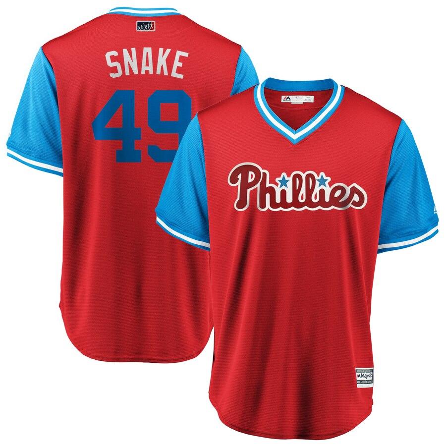 Jake Arrieta "Snake" Philadelphia Phillies Majestic Players' Weekend Cool Base Jersey – Scarlet/Light Blue 2019