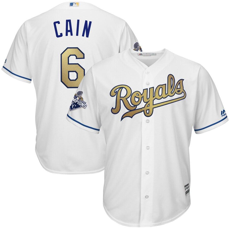 Lorenzo Cain Kansas City Royals Majestic World Series Champions Gold Program Cool Base Player Jersey - White 2019