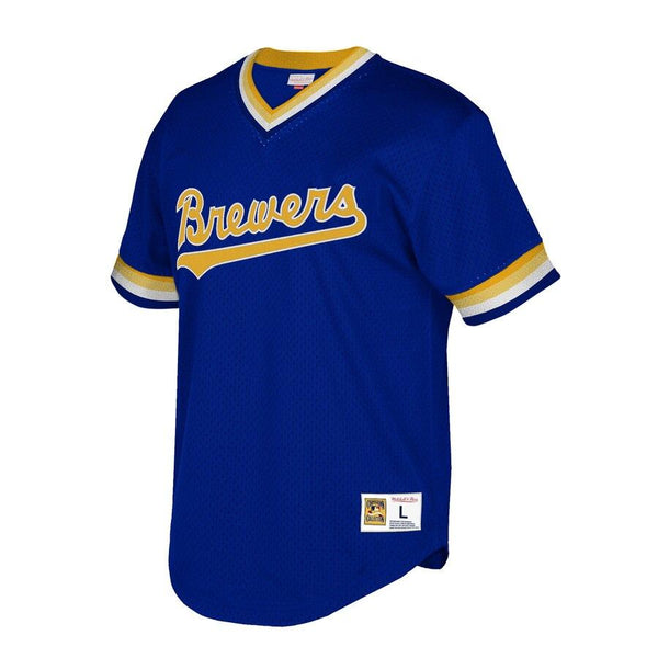 Milwaukee Brewers Mitchell &amp; Ness Cooperstown Collection Mesh Wordmark V-Neck Jersey – Royal 2019