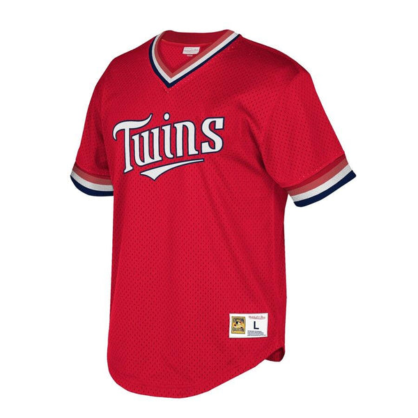 Minnesota Twins Mitchell &amp; Ness Cooperstown Collection Mesh Wordmark V-Neck Jersey – Red 2019