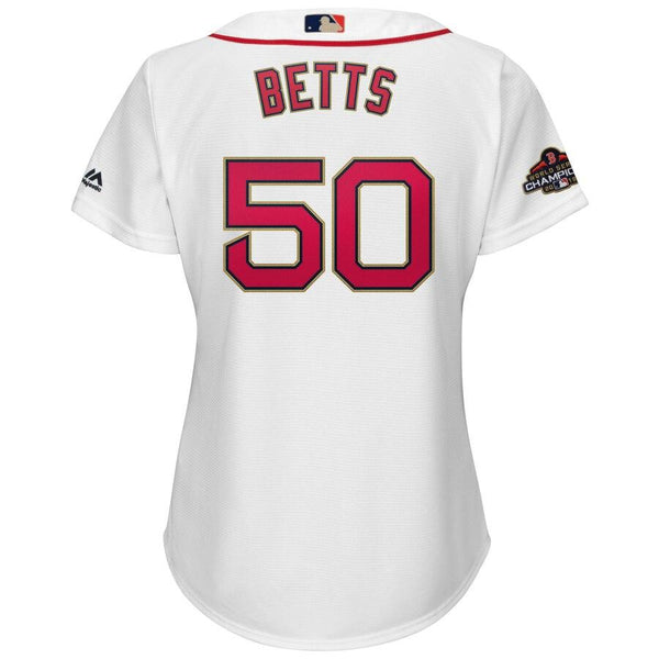 Mookie Betts Boston Red Sox Majestic Women's 2019 Gold Program Cool Base Player Jersey – White 2019