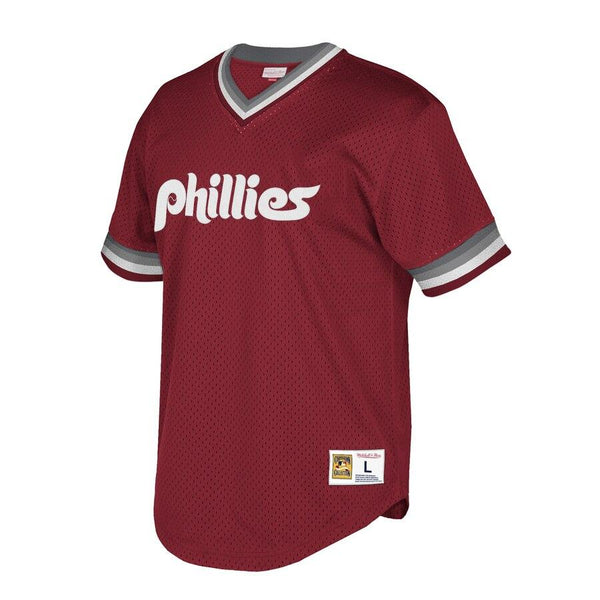 Philadelphia Phillies Mitchell &amp; Ness Cooperstown Collection Mesh Wordmark V-Neck Jersey – Burgundy 2019