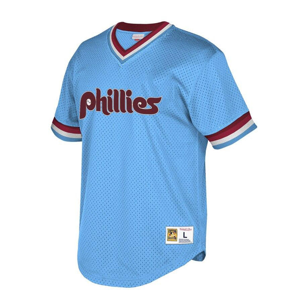 Philadelphia Phillies Mitchell &amp; Ness Cooperstown Collection Mesh Wordmark V-Neck Jersey – Light Blue 2019