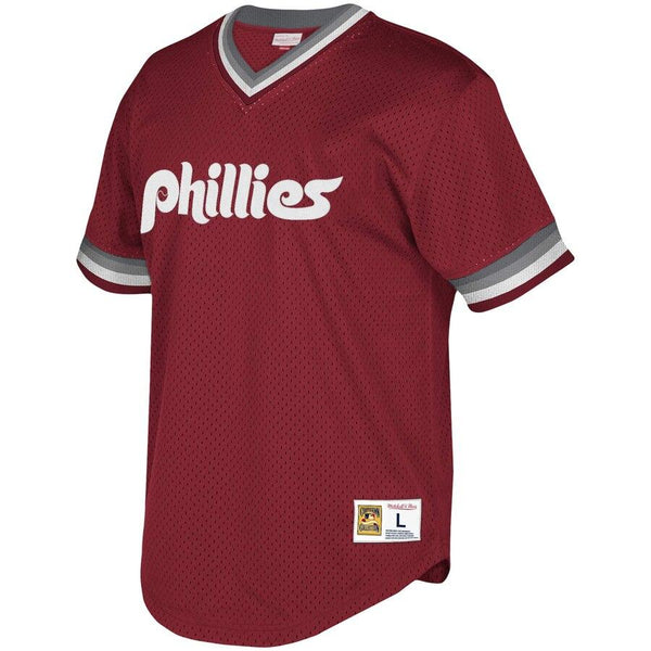Philadelphia Phillies Mitchell &amp; Ness Youth Cooperstown Collection Mesh Wordmark V-Neck Jersey – Burgundy 2019
