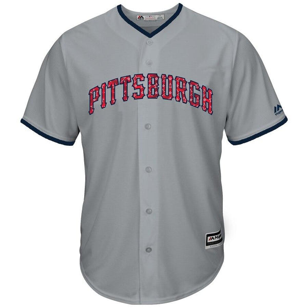 Pittsburgh Pirates Majestic Stars &amp; Stripes Cool Base Team Jersey - Gray 2019