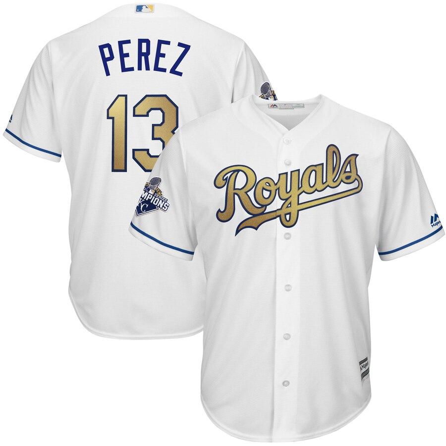 Salvador Perez Kansas City Royals Majestic World Series Champions Gold Program Cool Base Player Jersey - White 2019