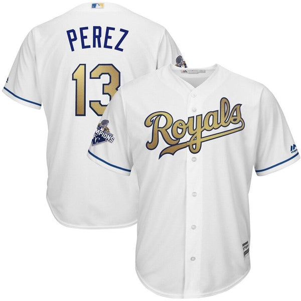 Salvador Perez Kansas City Royals Majestic World Series Champions Gold Program Cool Base Player Jersey - White 2019