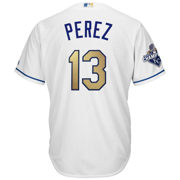 Salvador Perez Kansas City Royals Majestic World Series Champions Gold Program Cool Base Player Jersey - White 2019