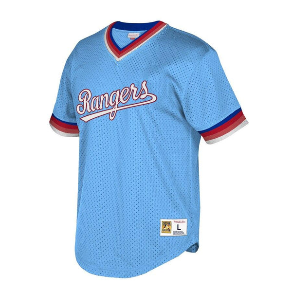 Texas Rangers Mitchell &amp; Ness Cooperstown Collection Mesh Wordmark V-Neck Jersey – Light Blue 2019