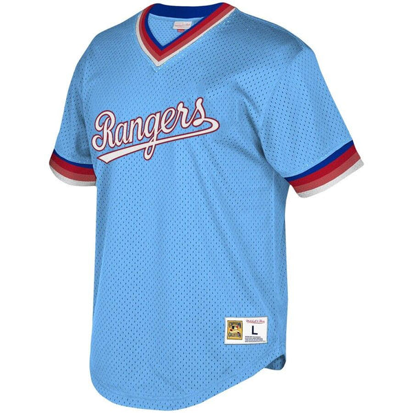 Texas Rangers Mitchell &amp; Ness Youth Cooperstown Collection Mesh Wordmark V-Neck Jersey – Light Blue 2019